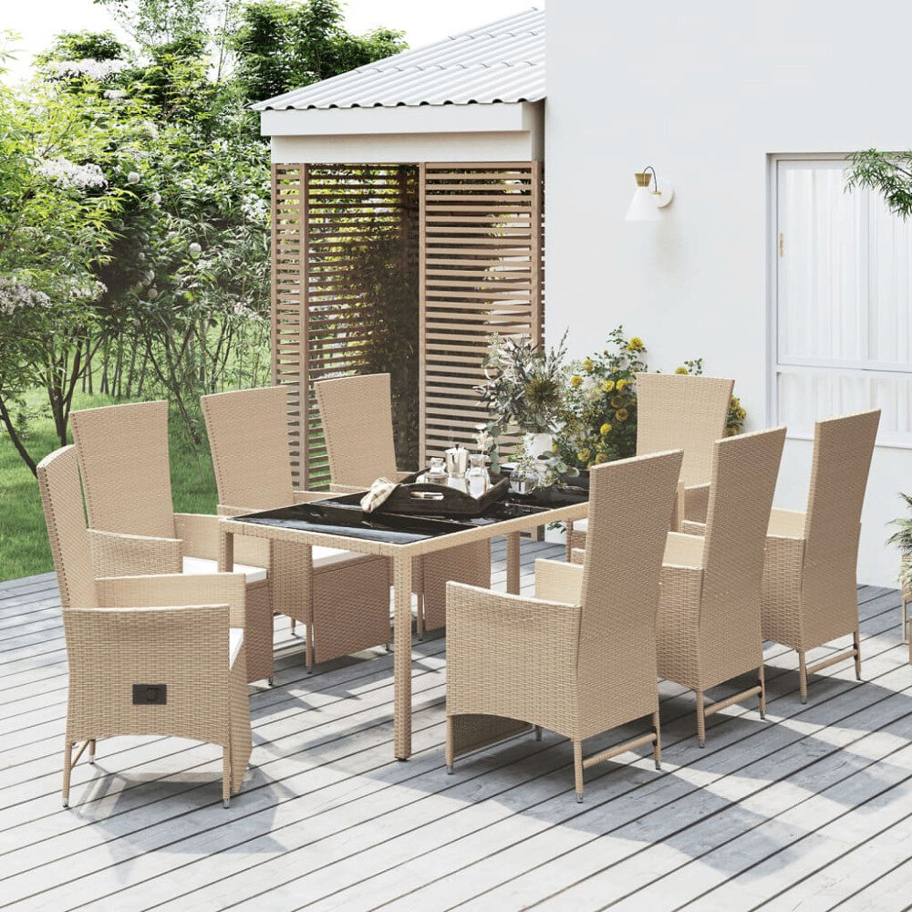 vidaXL Matgrupp för trädgården med dynor 9 delar beige konstrotting