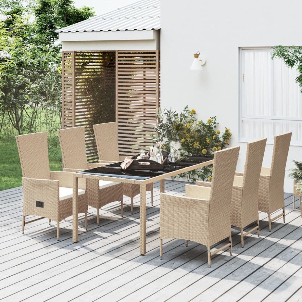 vidaXL Matgrupp för trädgården med dynor 7 delar beige konstrotting