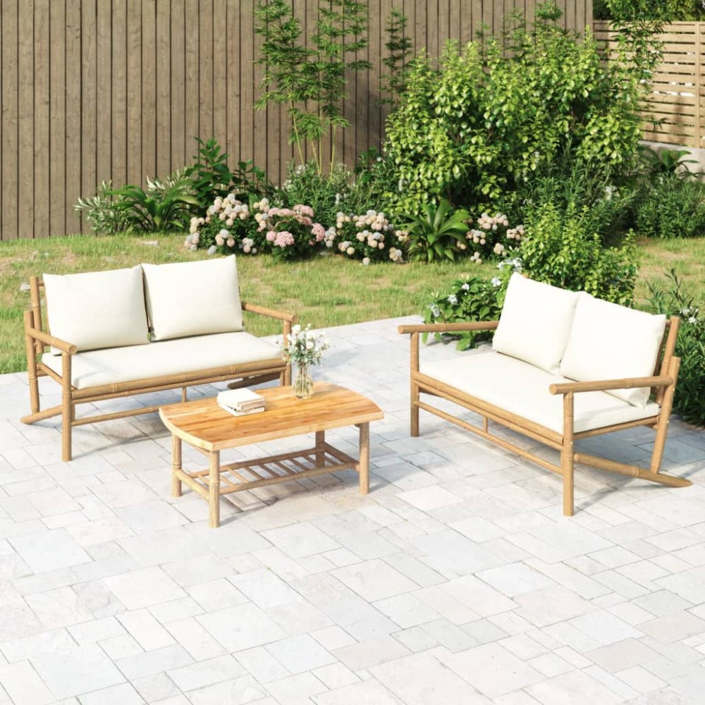 vidaXL Loungegrupp för trädgården med gräddvita dynor 3 delar bambu