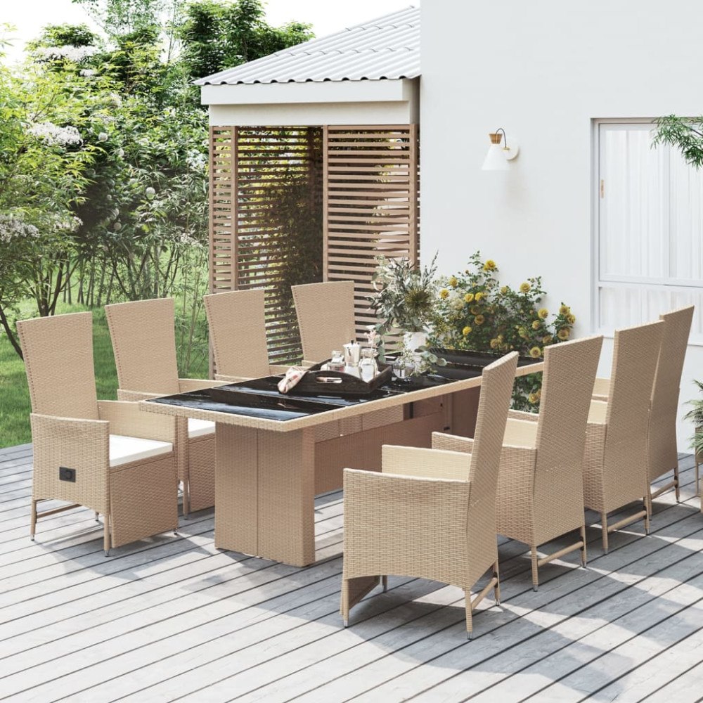 vidaXL Matgrupp för trädgården med dynor 9 delar beige konstrotting