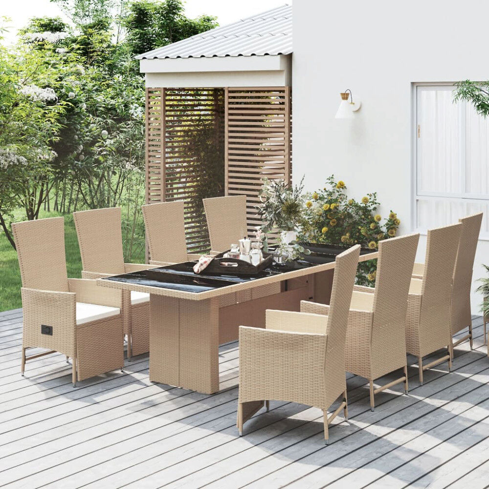 vidaXL Matgrupp för trädgården med dynor 9 delar beige konstrotting