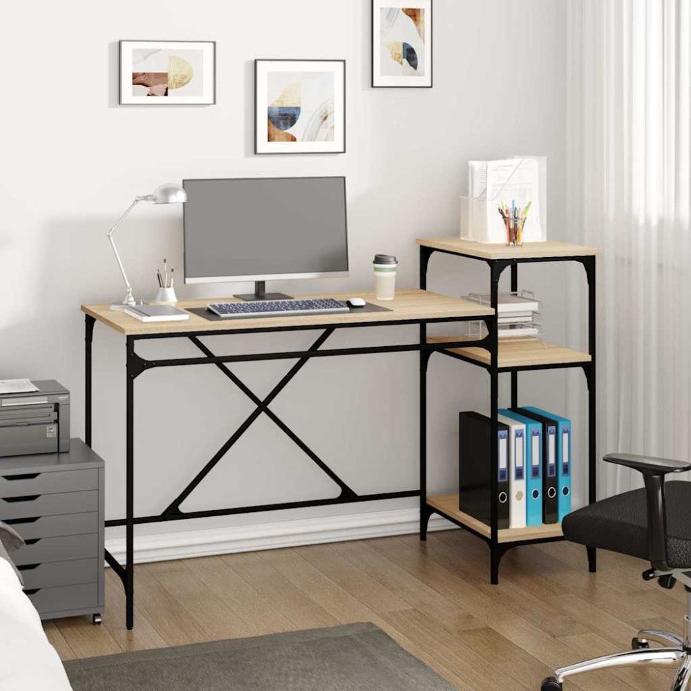 vidaXL Skrivbord med hyllor sonoma-ek 135x50x90cm konstruerat trä&järn