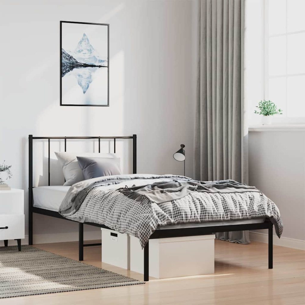 vidaXL Sängram med huvudgavel metall svart 100x190 cm
