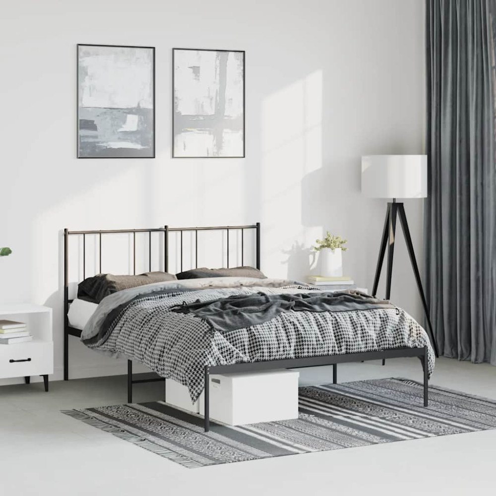 vidaXL Sängram med huvudgavel metall svart 135x190 cm