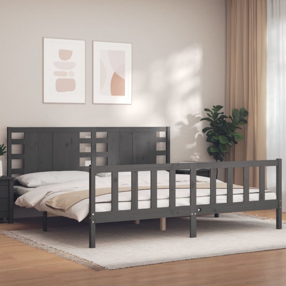 vidaXL Sängram med huvudgavel grå 200x200 cm massivt trä