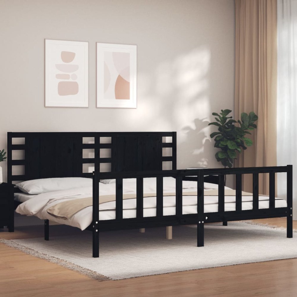 vidaXL Sängram med huvudgavel svart 200x200 cm massivt trä