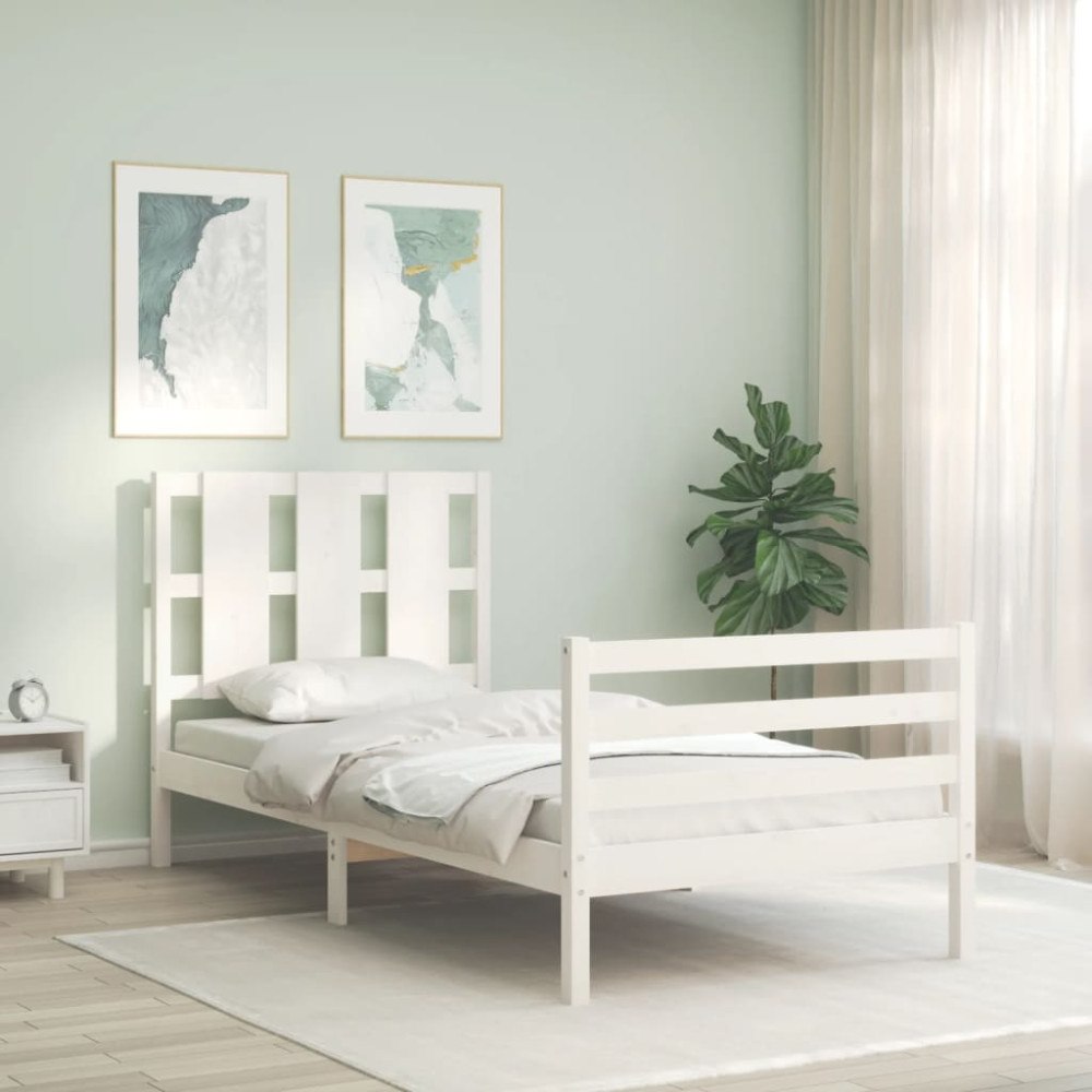 vidaXL Sängram med huvudgavel vit 100x200 cm massivt trä
