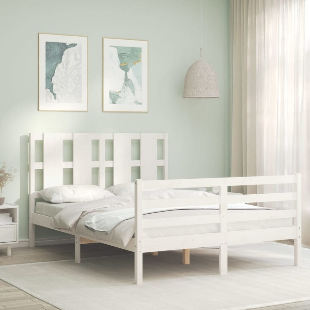 vidaXL Sängram med huvudgavel vit 140x190 cm massivt trä