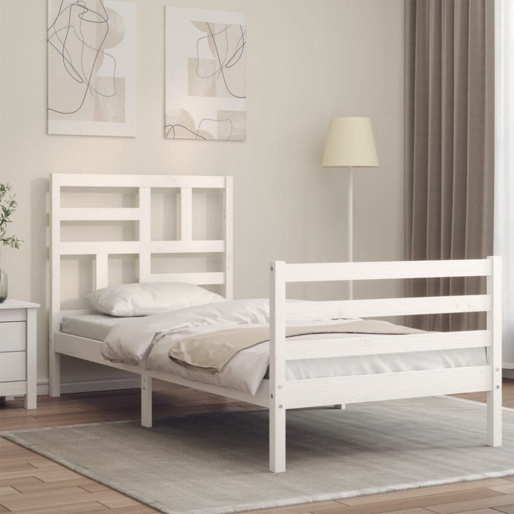 vidaXL Sängram med huvudgavel vit 90x200 cm massivt trä