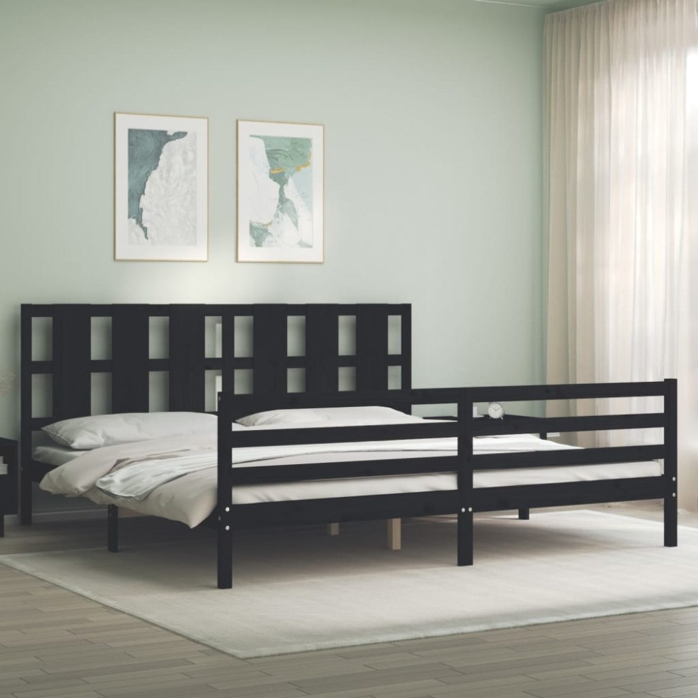 vidaXL Sängram med huvudgavel svart 200x200 cm massivt trä