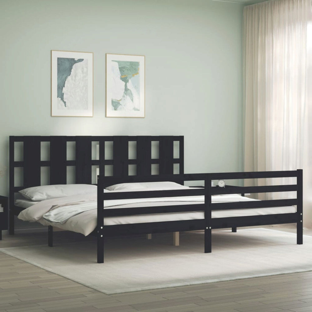 vidaXL Sängram med huvudgavel svart 200x200 cm massivt trä