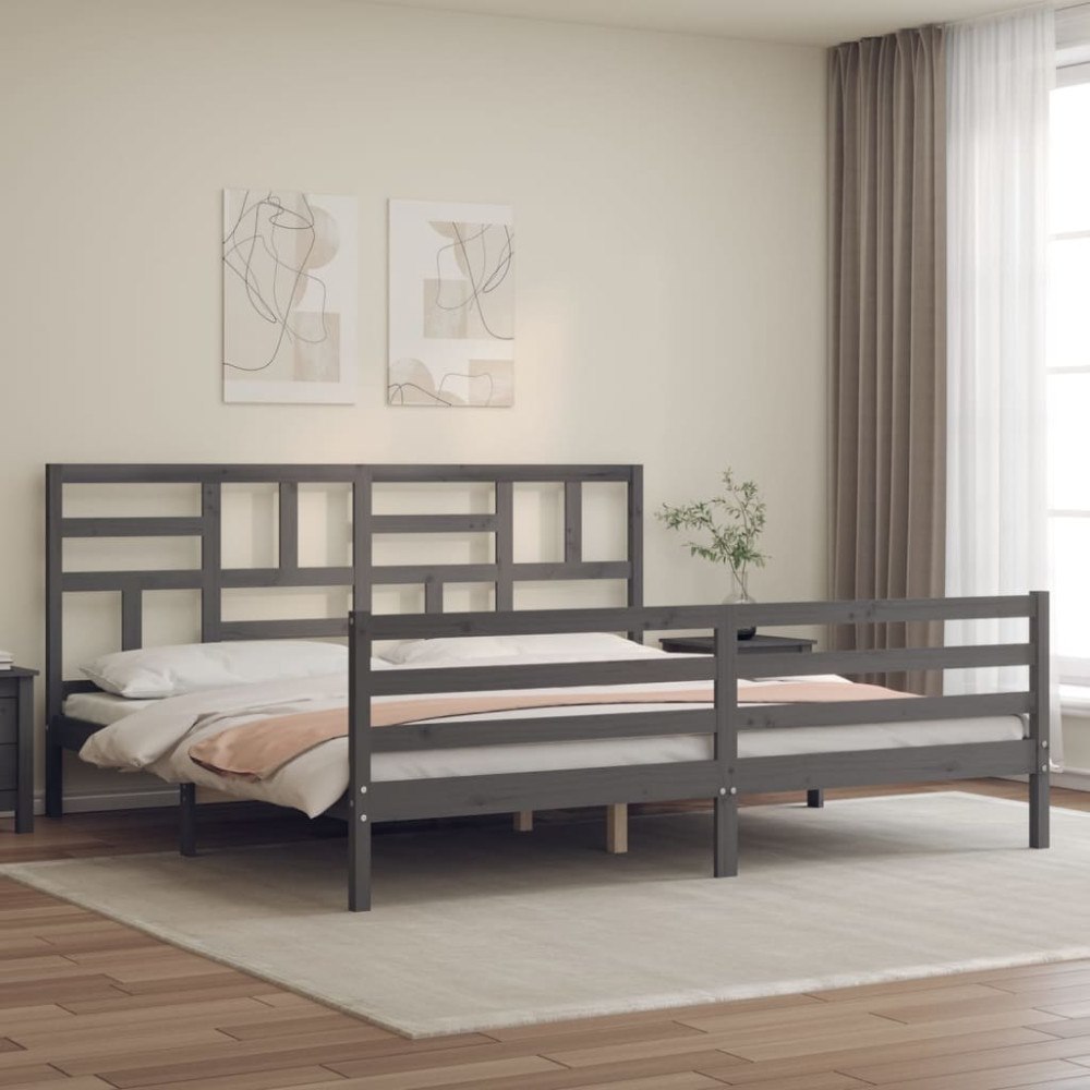 vidaXL Sängram med huvudgavel grå 200x200 cm massivt trä
