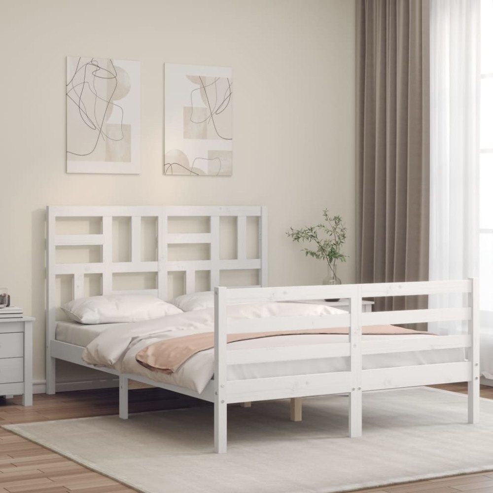 vidaXL Sängram med huvudgavel vit 140x200 cm massivt trä