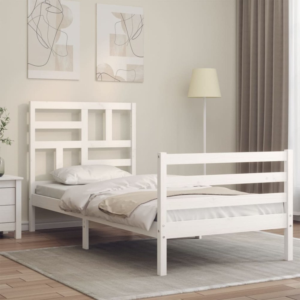 vidaXL Sängram med huvudgavel vit 100x200 cm massivt trä