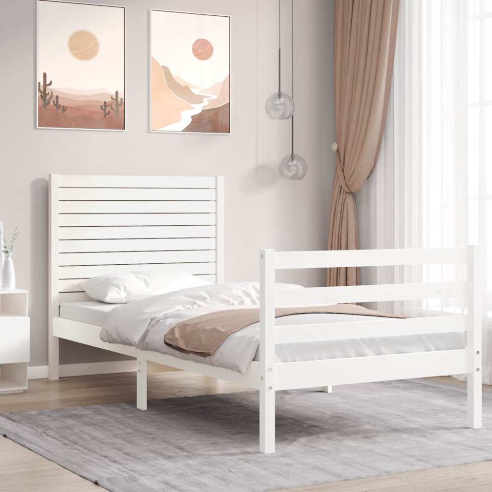 vidaXL Sängram med huvudgavel vit 90x200 cm massivt trä