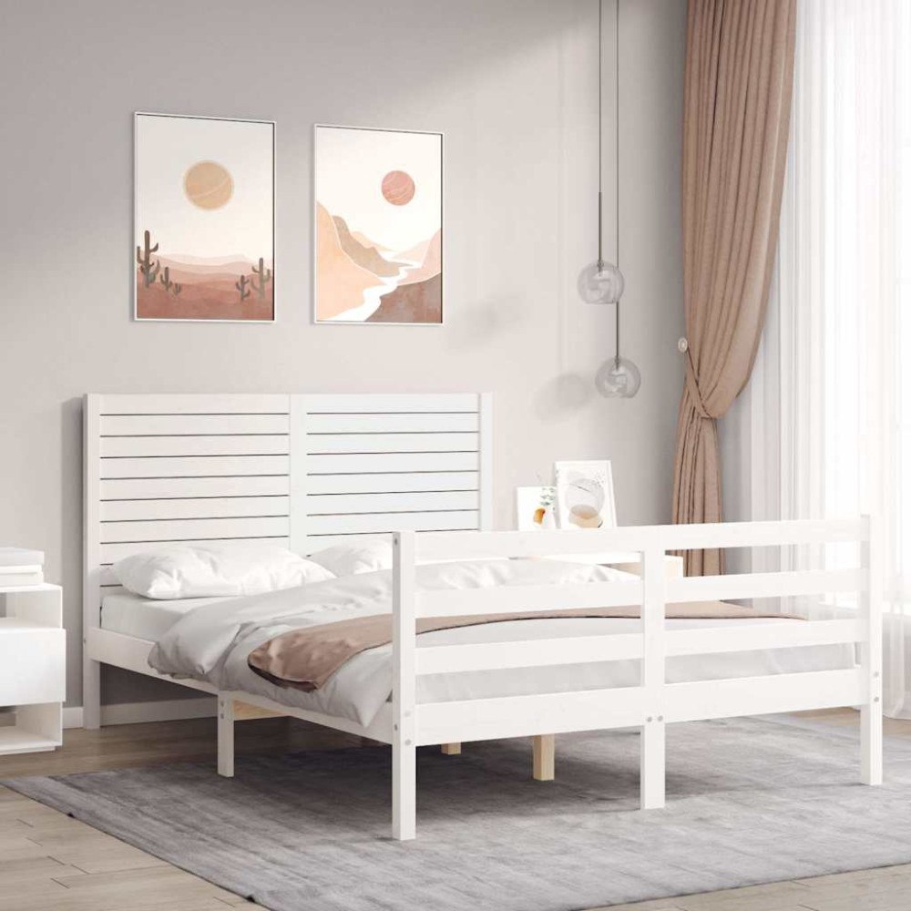 vidaXL Sängram med huvudgavel vit 140x200 cm massivt trä