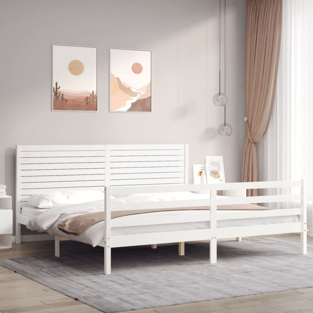 vidaXL Sängram med huvudgavel vit 200x200 cm massivt trä