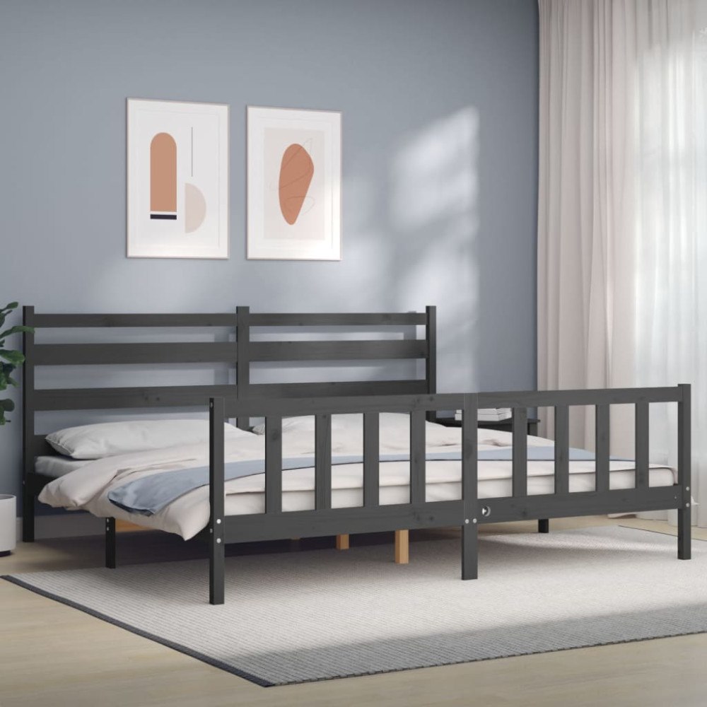 vidaXL Sängram med huvudgavel grå 200x200 cm massivt trä