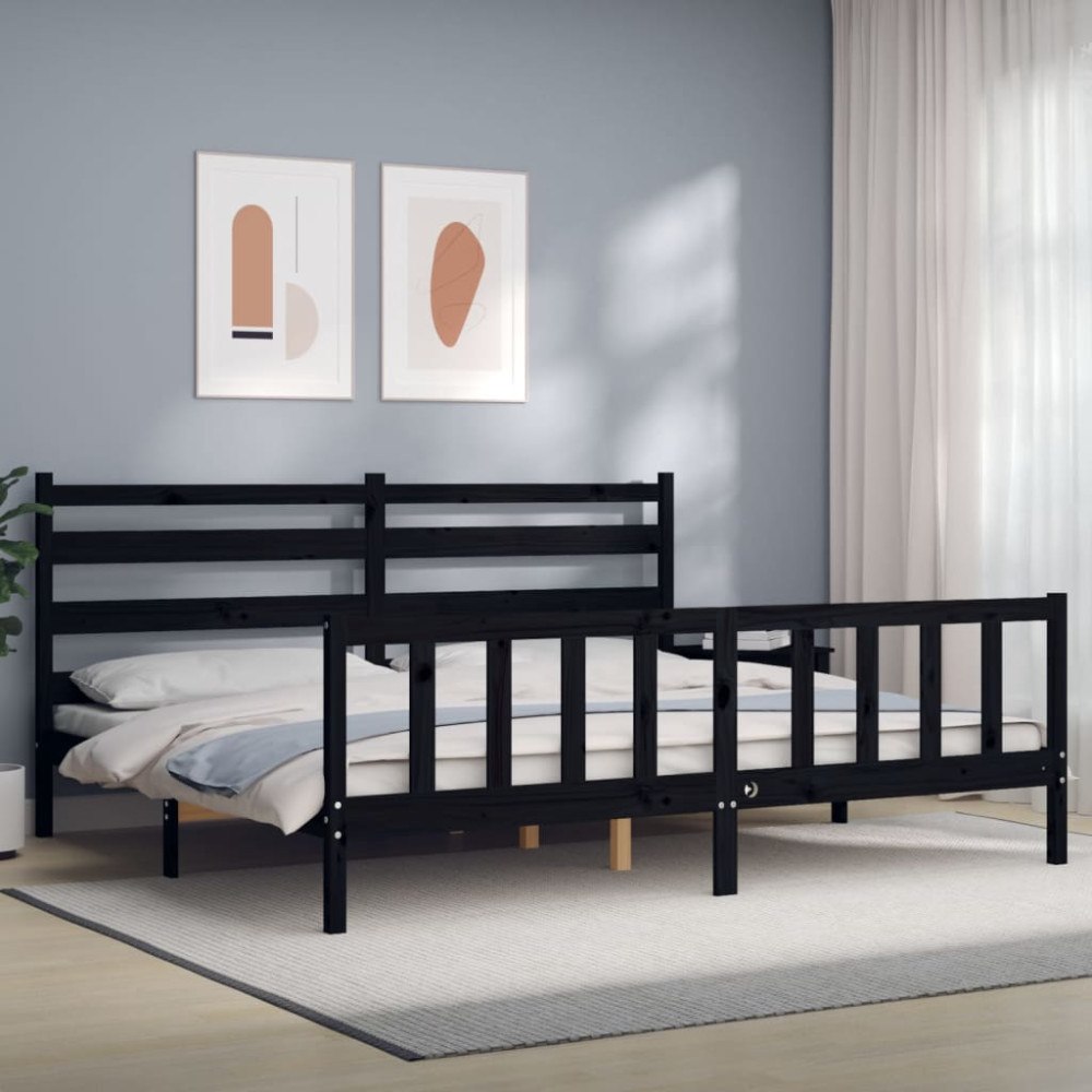 vidaXL Sängram med huvudgavel svart 200x200 cm massivt trä