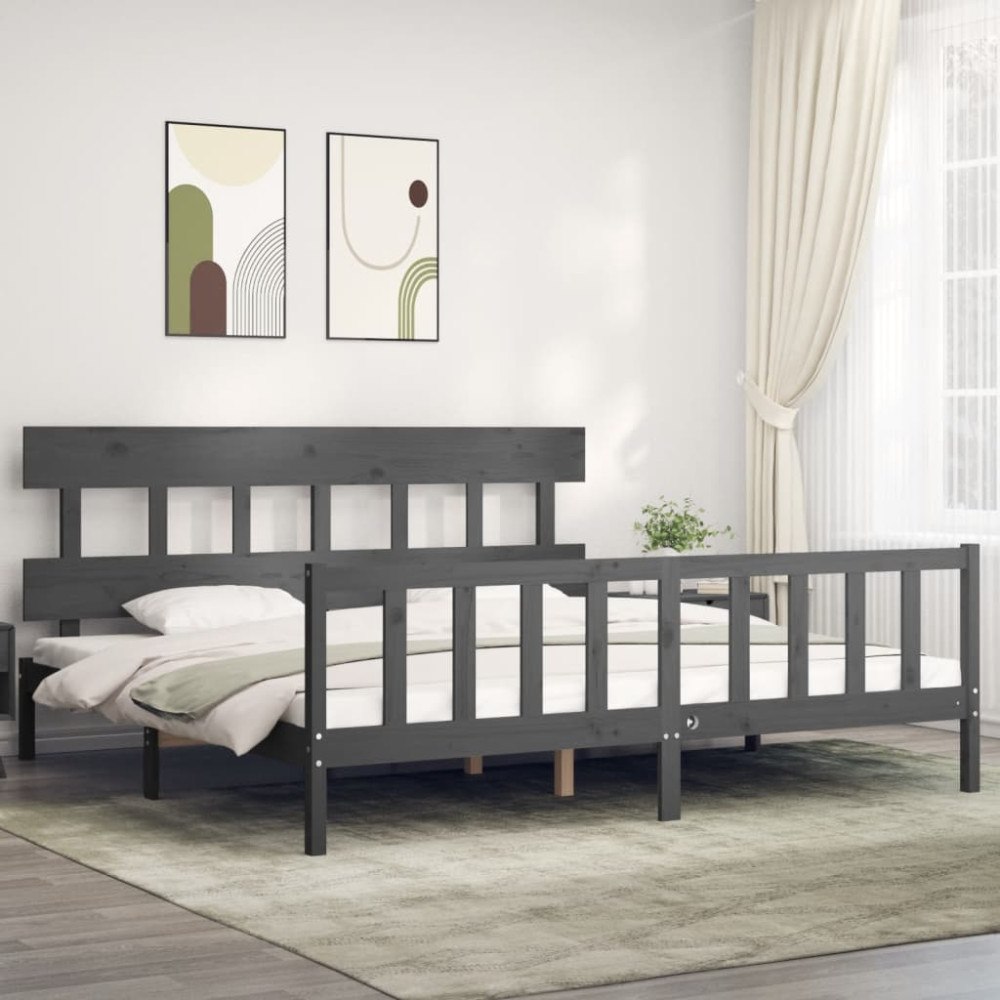 vidaXL Sängram med huvudgavel grå 200x200 cm massivt trä