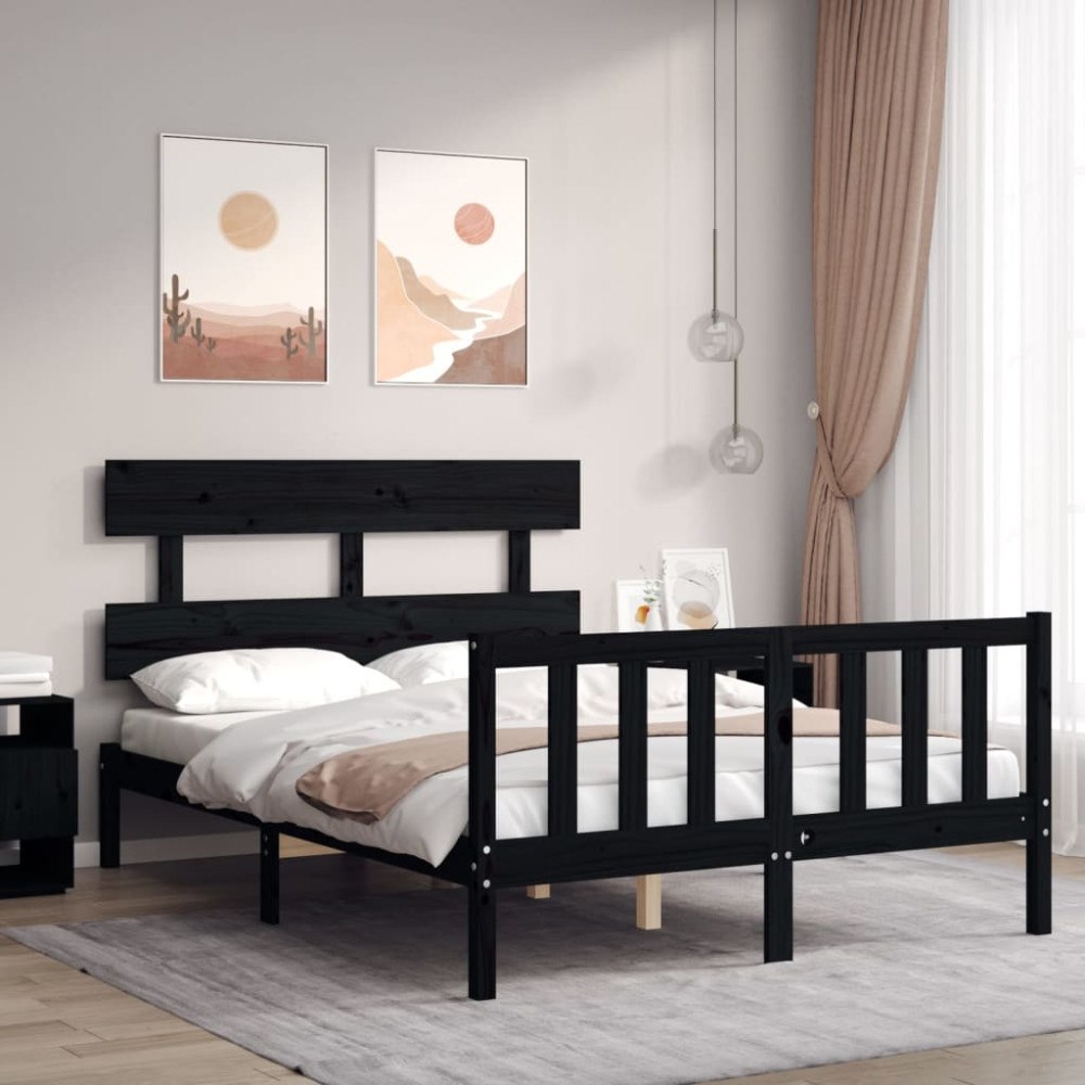 vidaXL Sängram med huvudgavel svart 140x190 cm massivt trä
