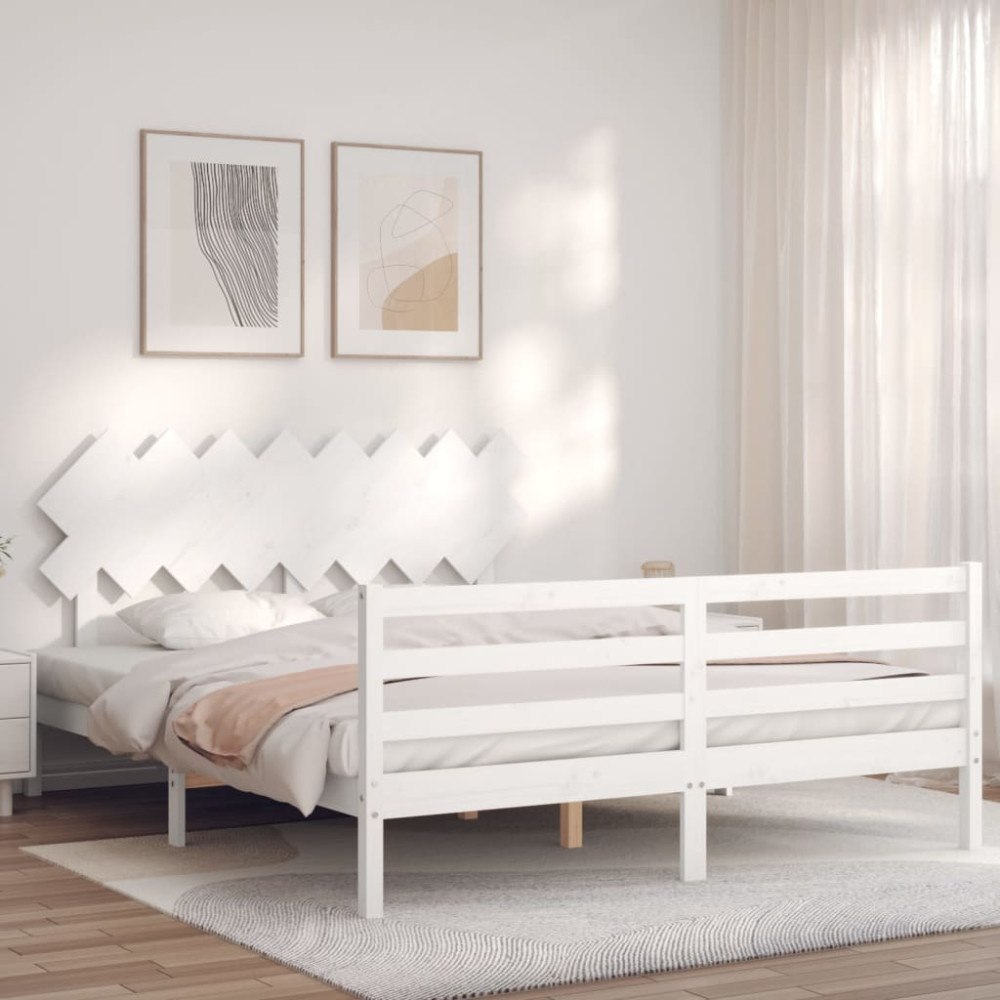 vidaXL Sängram med huvudgavel vit 160x200 cm massivt trä