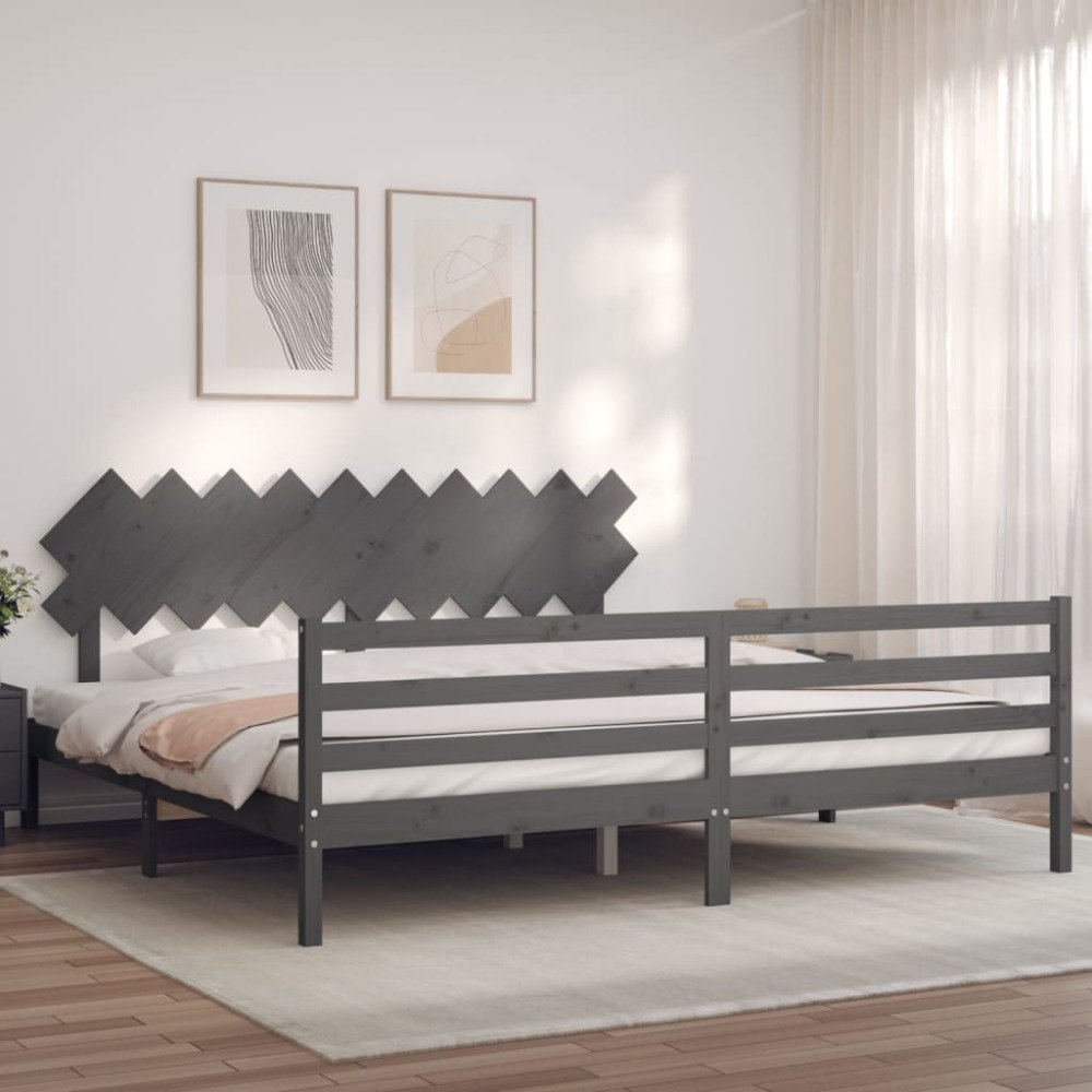 vidaXL Sängram med huvudgavel grå 200x200 cm massivt trä