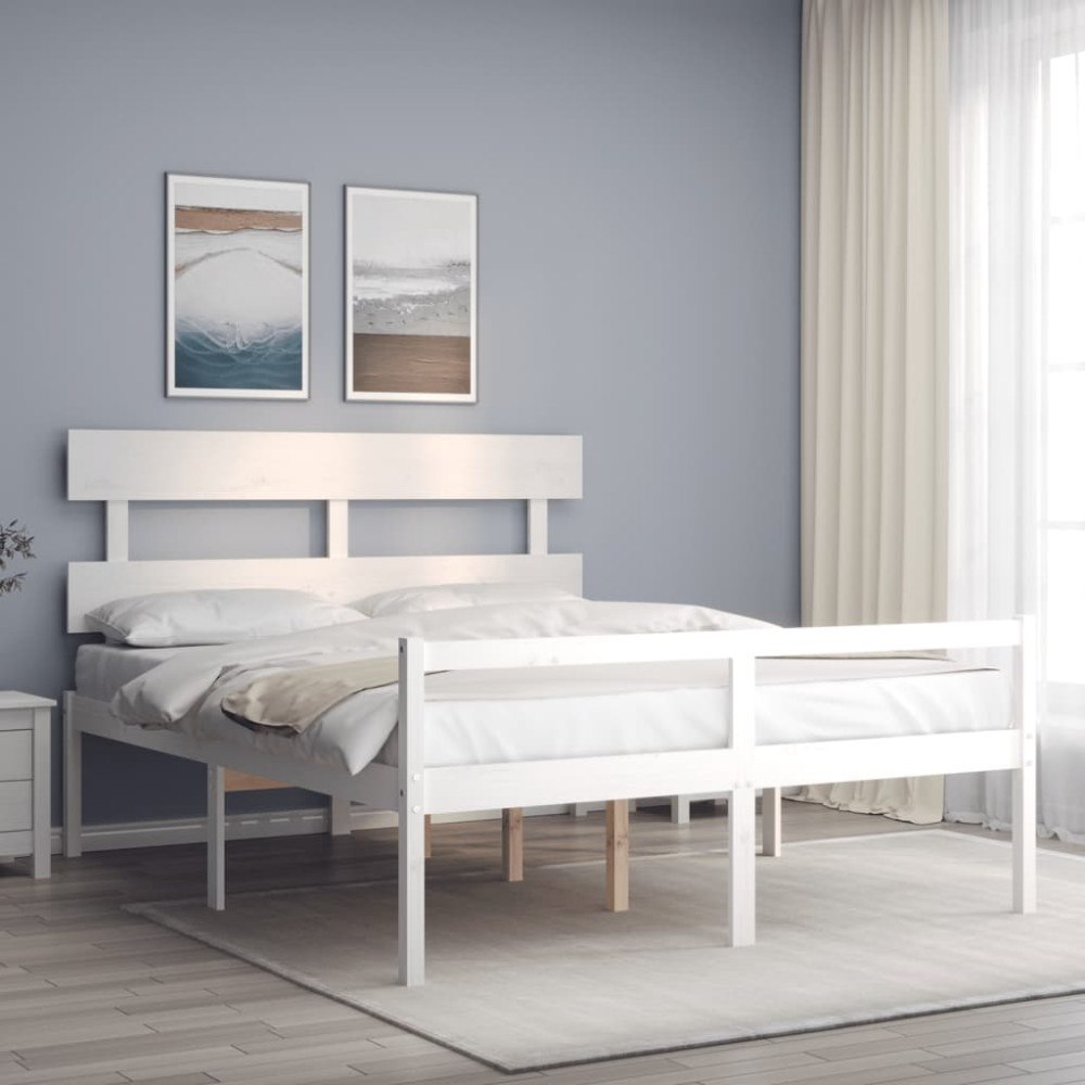 vidaXL Sängram med sänggavel vit 160x200 cm massivt trä