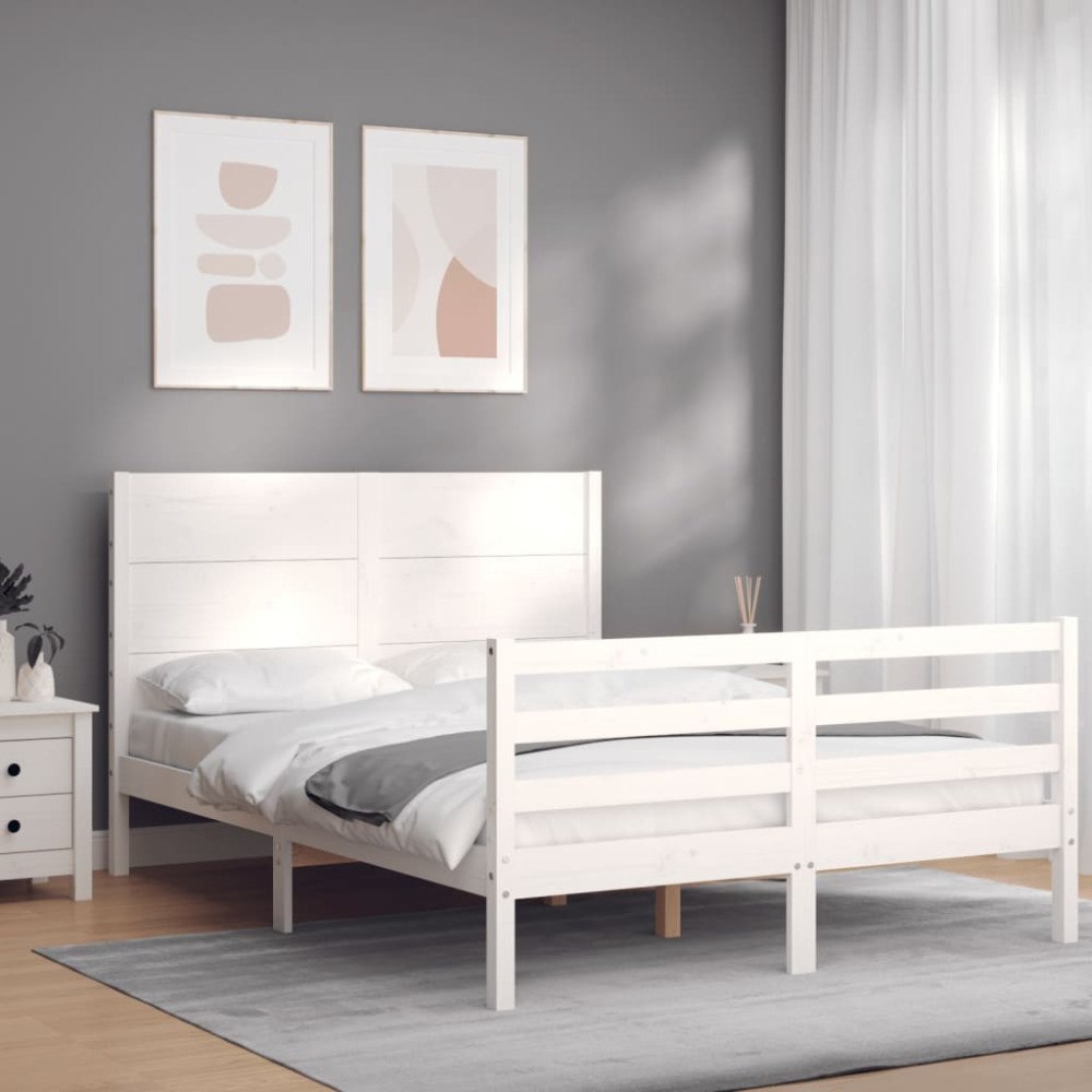 vidaXL Sängram med huvudgavel vit 140x200 cm massivt trä
