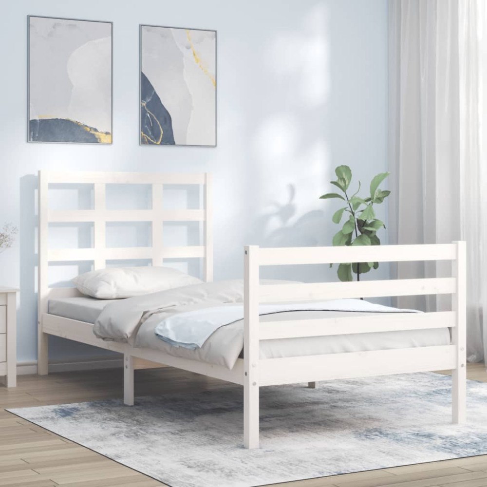 vidaXL Sängram med huvudgavel vit 90x200 cm massivt trä