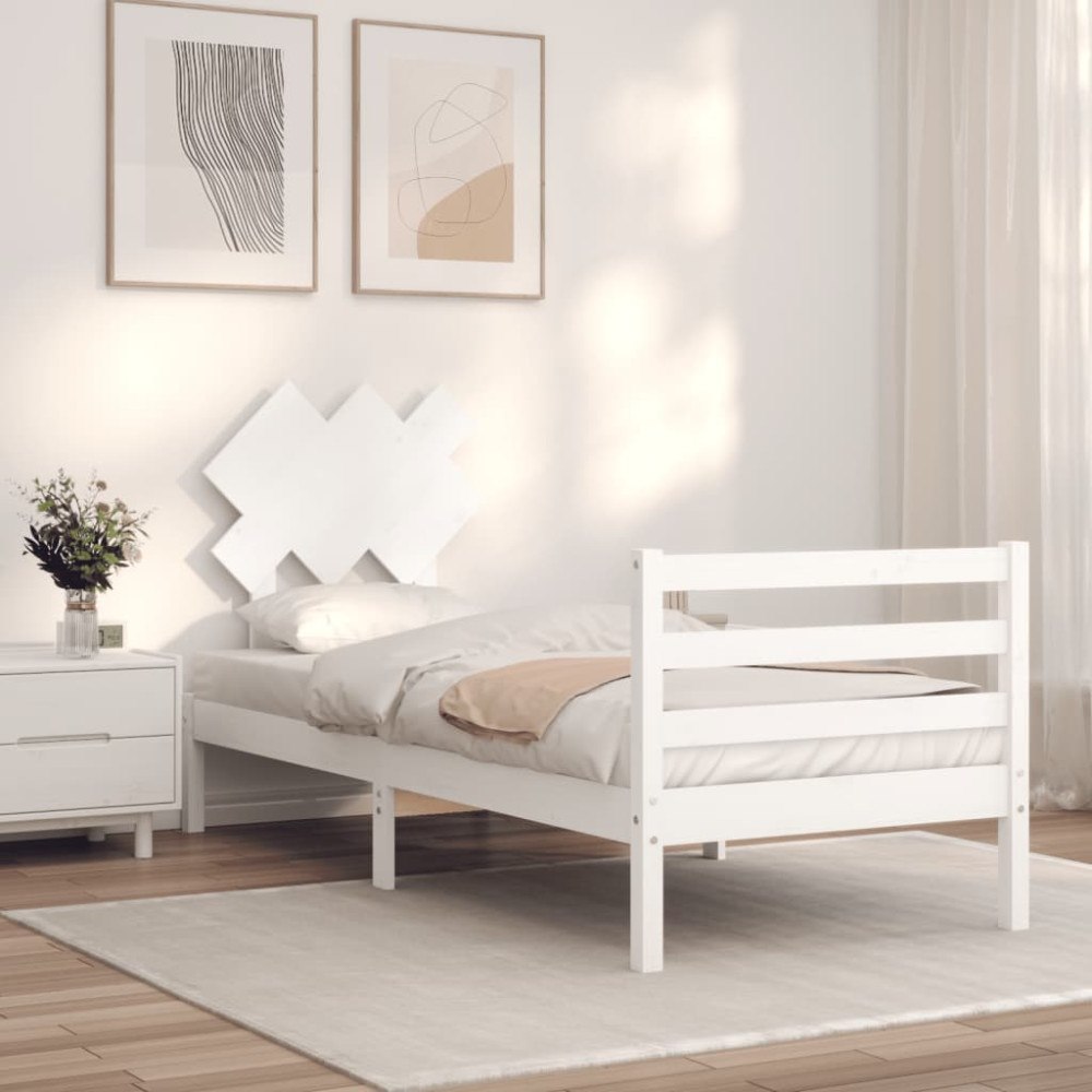 vidaXL Sängram med huvudgavel vit 90x200 cm massivt trä