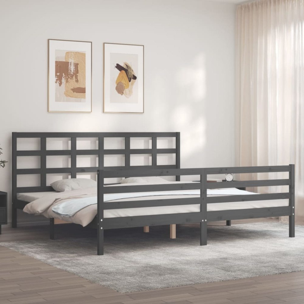 vidaXL Sängram med huvudgavel grå 200x200 cm massivt trä