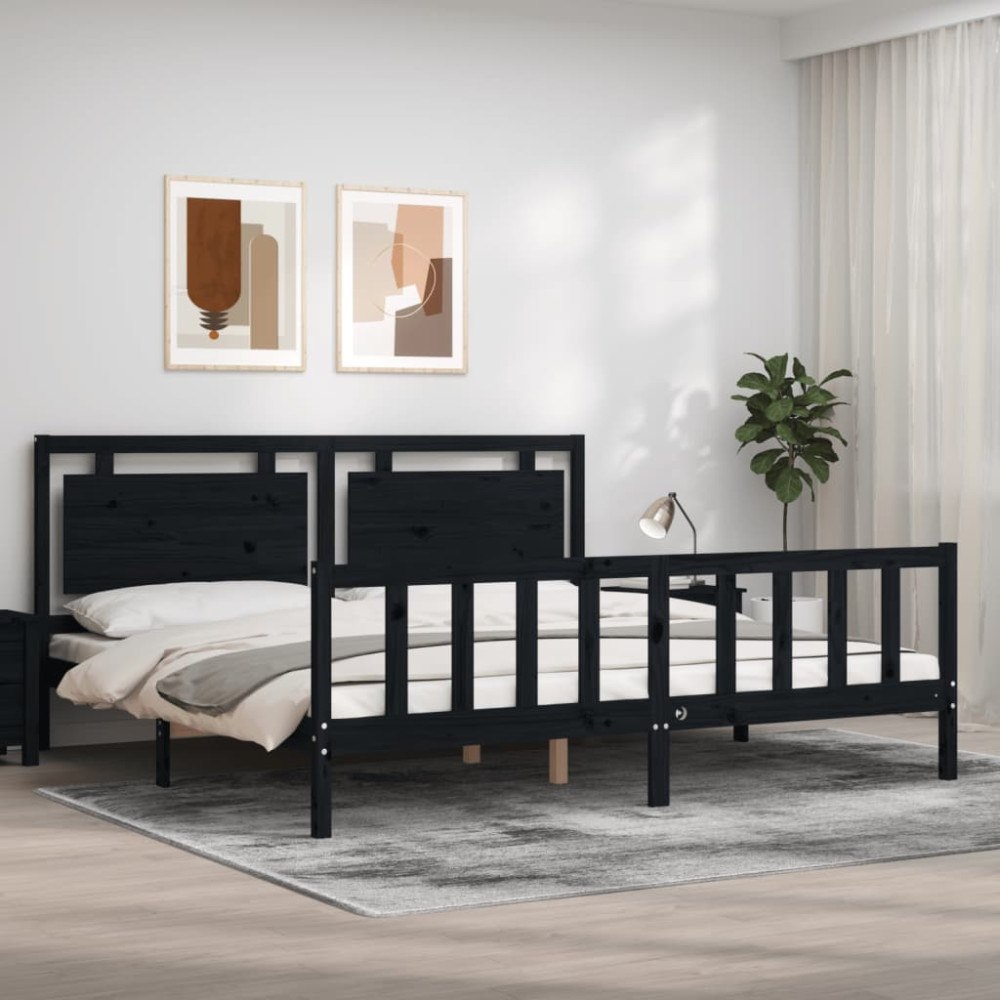 vidaXL Sängram med huvudgavel svart 200x200 cm massivt trä