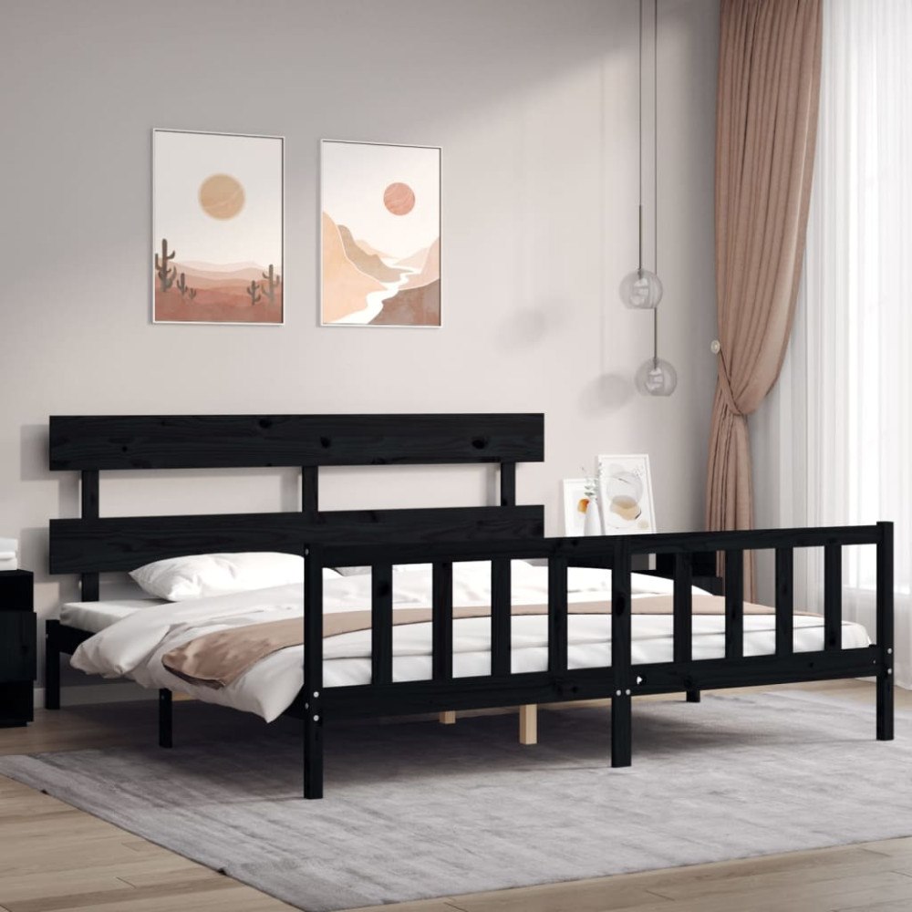 vidaXL Sängram med huvudgavel svart 200x200 cm massivt trä
