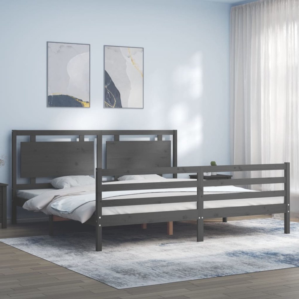 vidaXL Sängram med huvudgavel grå 200x200 cm massivt trä
