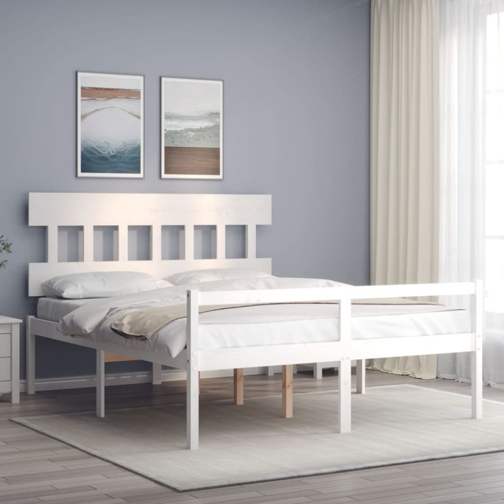 vidaXL Sängram med sänggavel vit 160x200 cm massivt trä