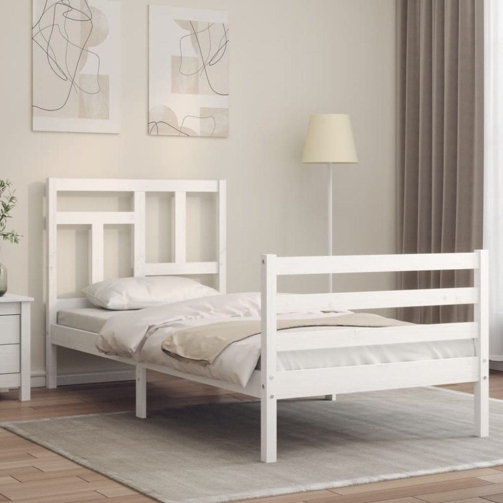 vidaXL Sängram med huvudgavel vit 90x200 cm massivt trä