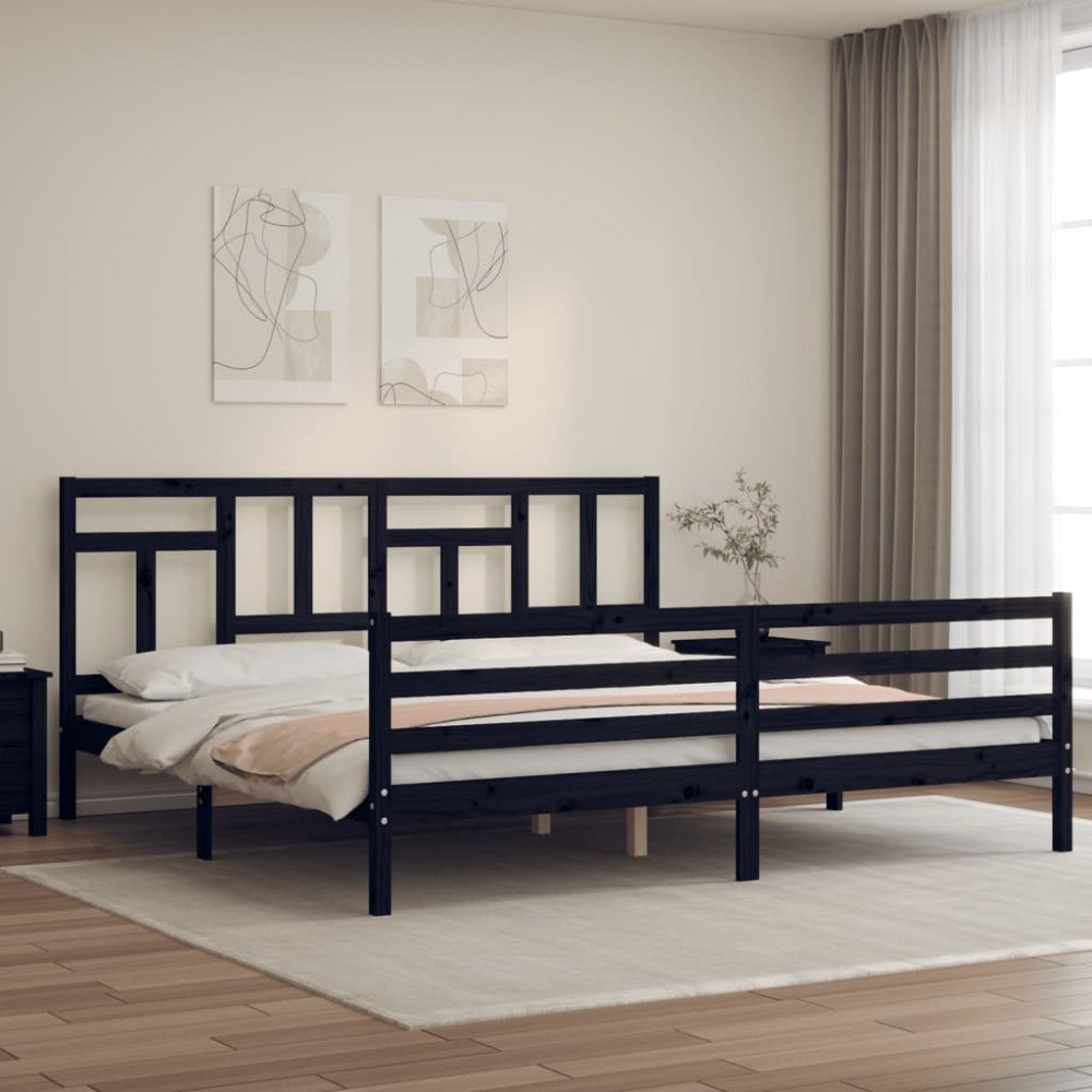 vidaXL Sängram med huvudgavel svart 200x200 cm massivt trä
