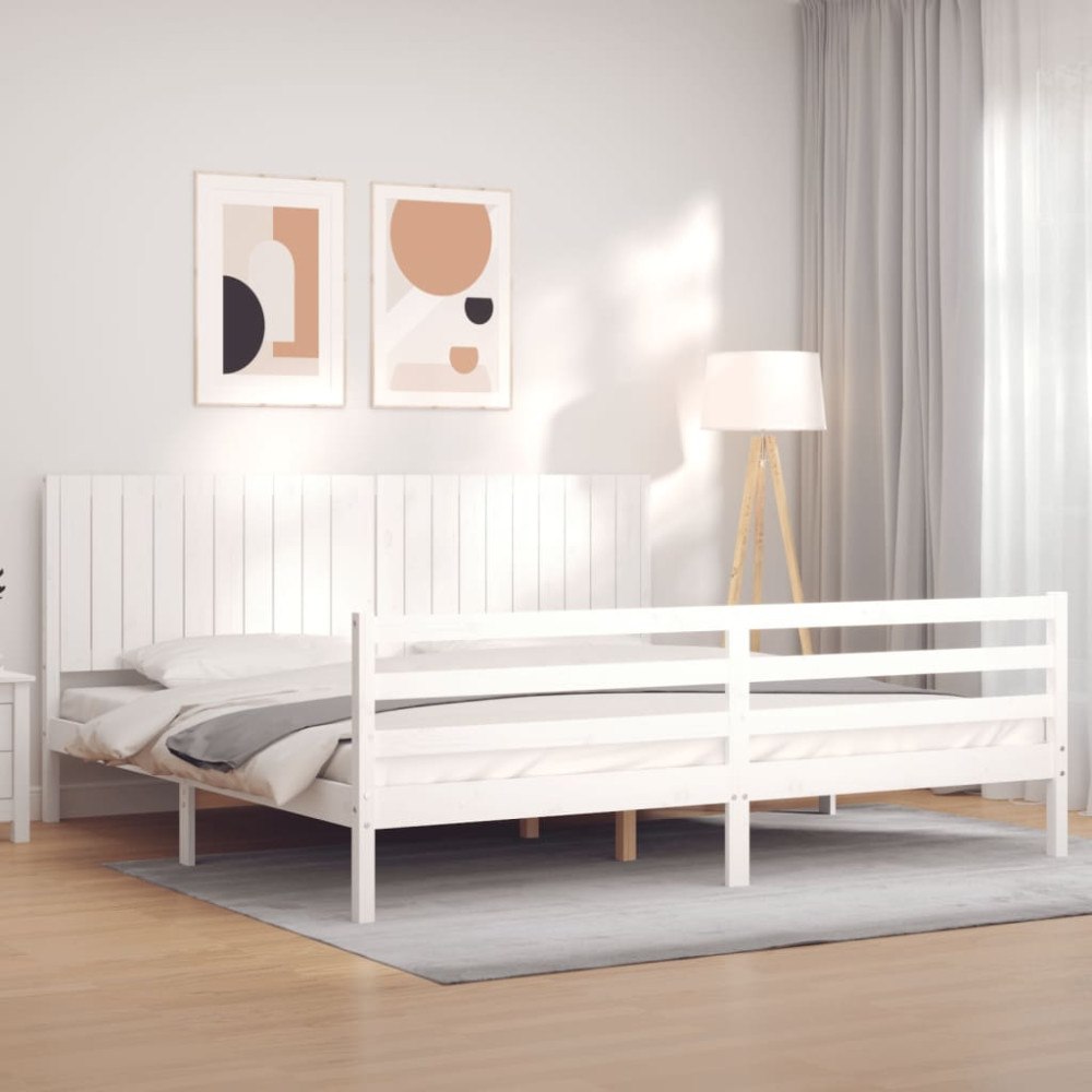 vidaXL Sängram med huvudgavel vit 200x200 cm massivt trä