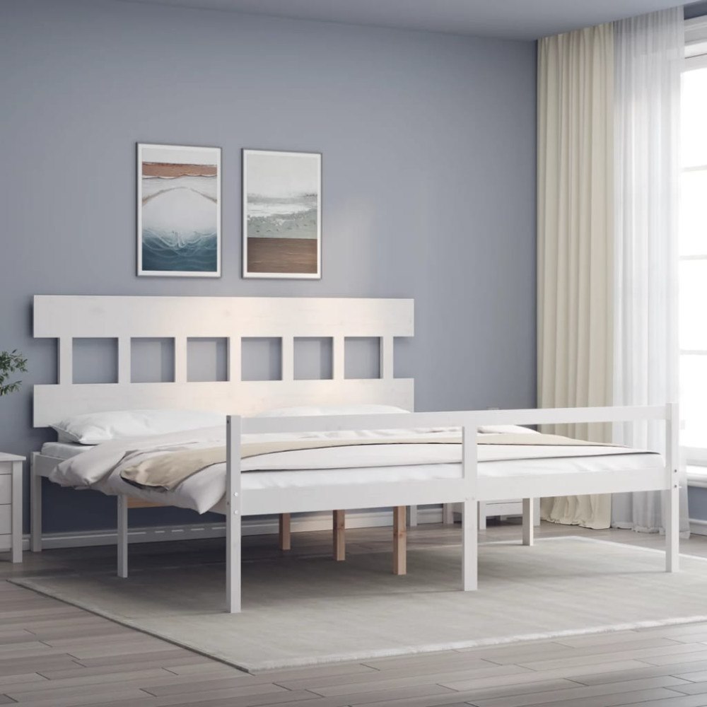 vidaXL Sängram med sänggavel vit 200x200 cm massivt trä