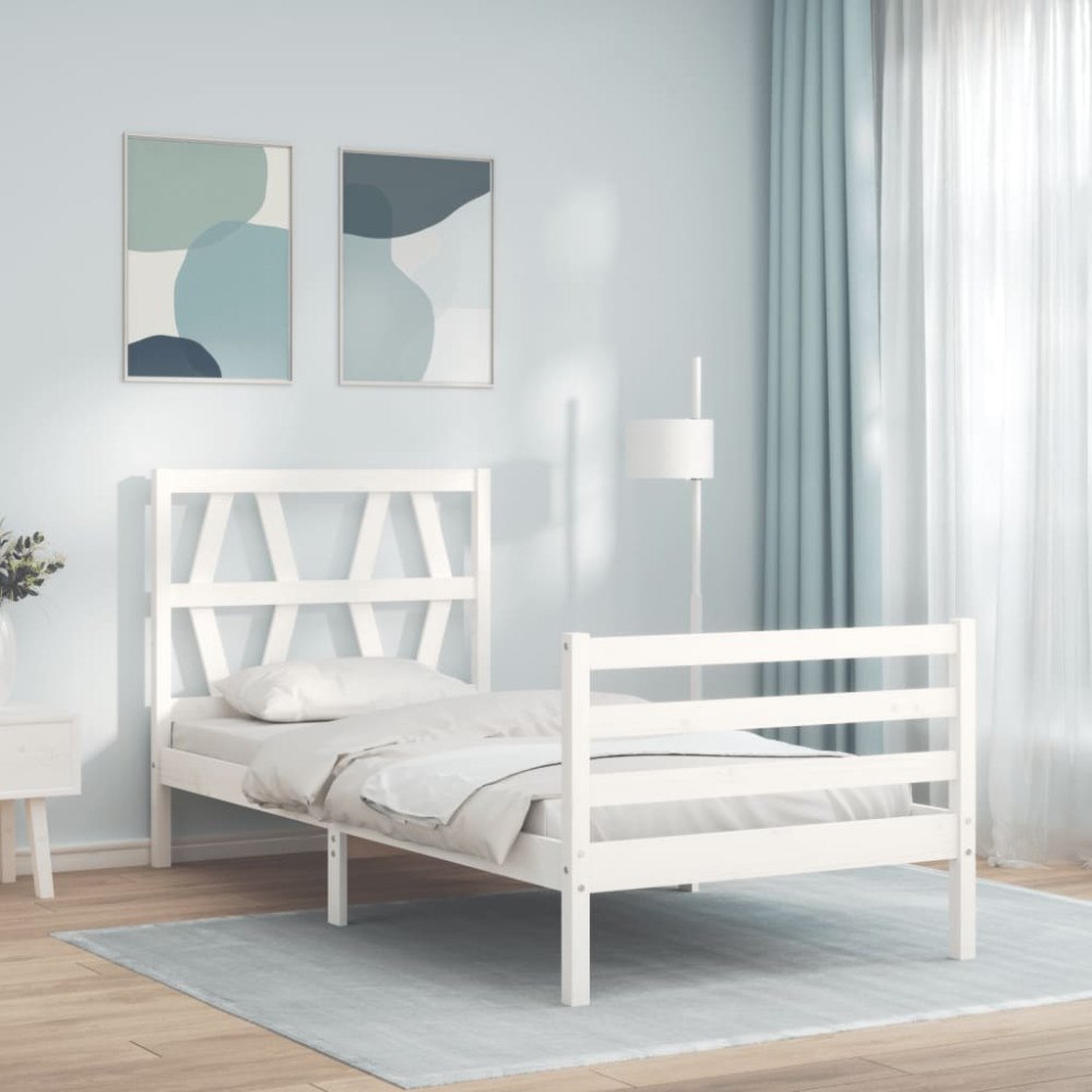 vidaXL Sängram med huvudgavel vit 90x200 cm massivt trä