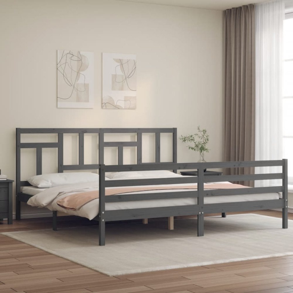 vidaXL Sängram med huvudgavel grå 200x200 cm massivt trä