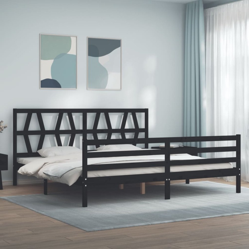 vidaXL Sängram med huvudgavel svart 200x200 cm massivt trä