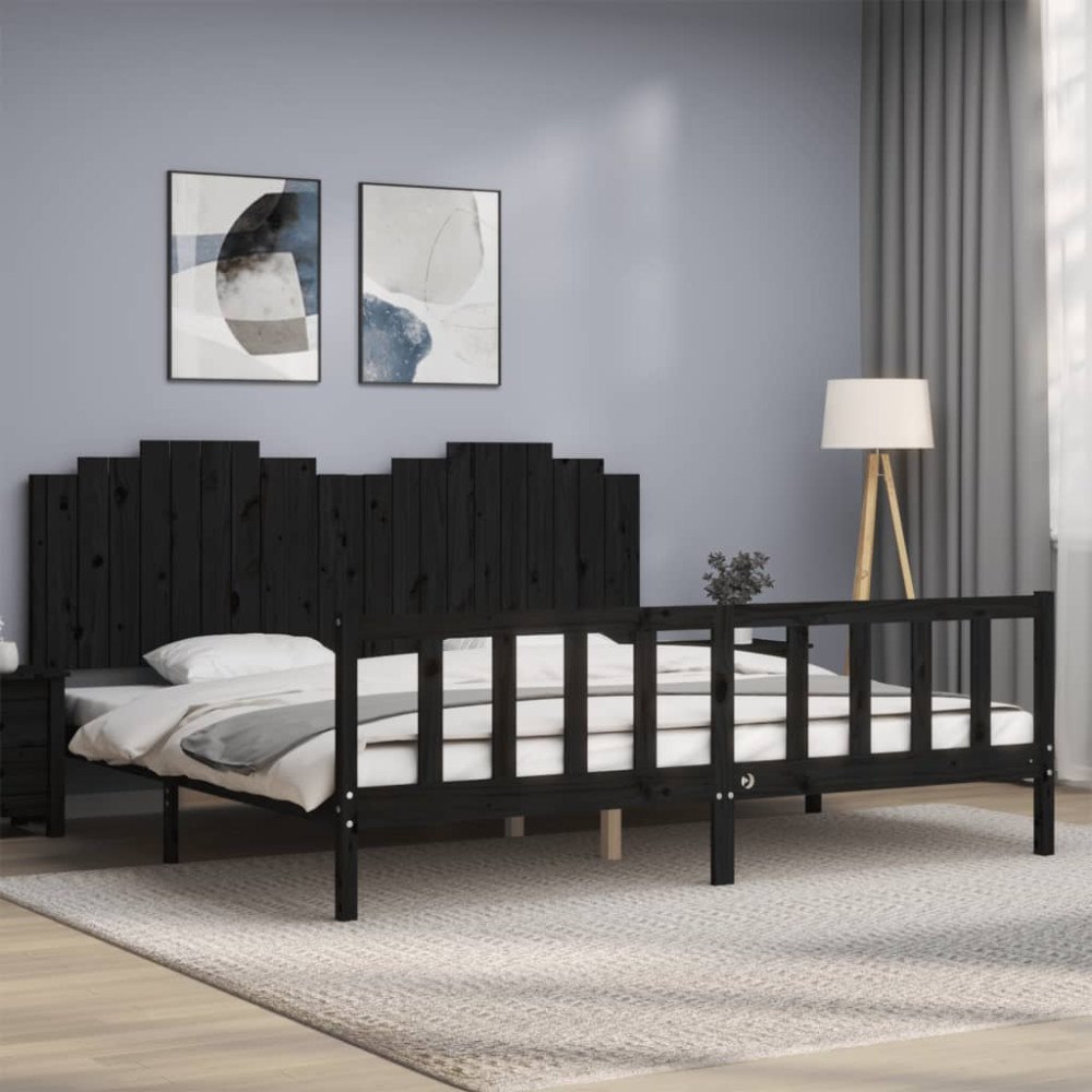 vidaXL Sängram med huvudgavel svart 200x200 cm massivt trä