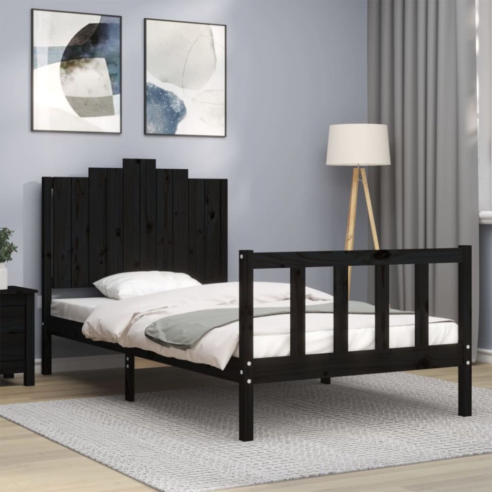 vidaXL Sängram med huvudgavel svart 100x200 cm massivt trä