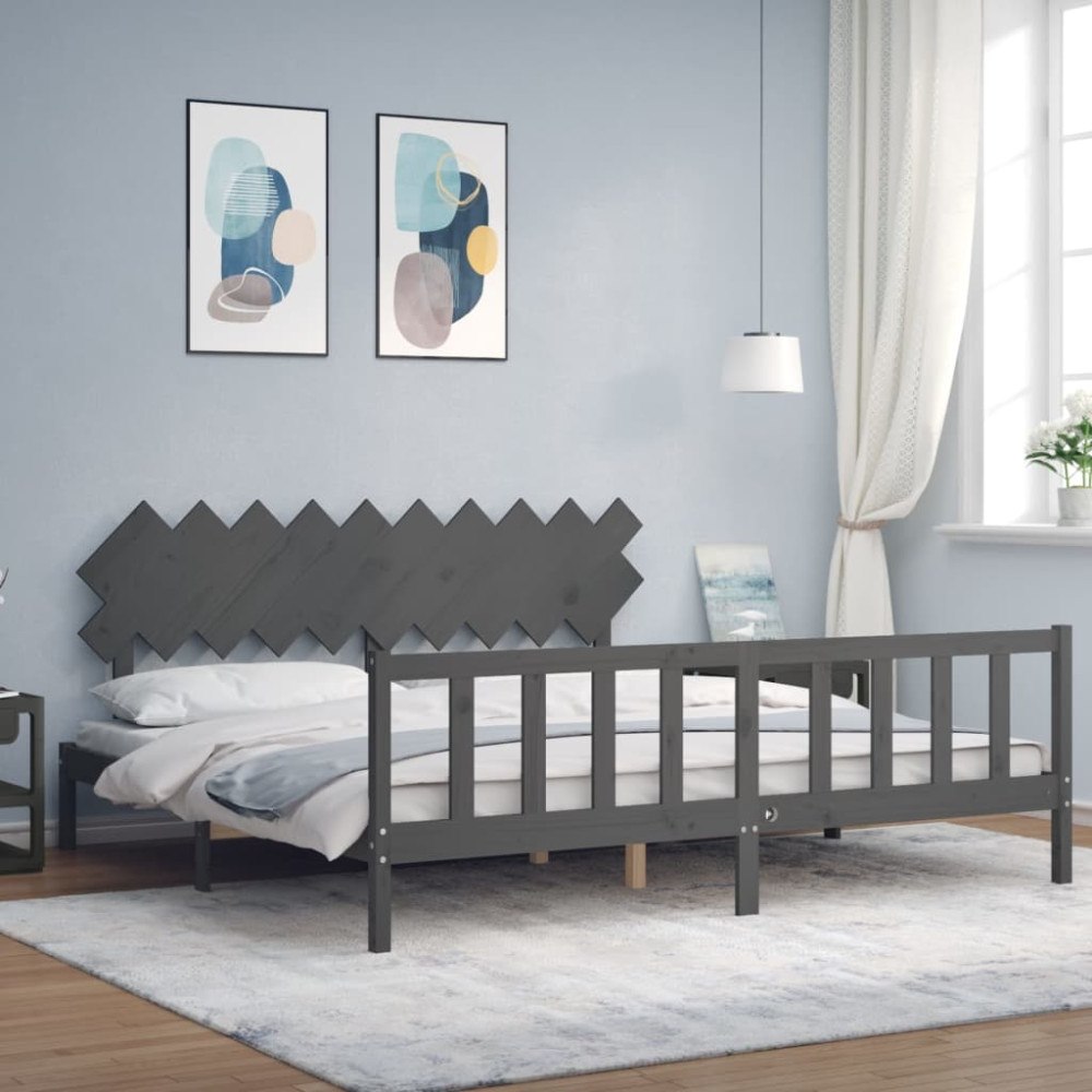 vidaXL Sängram med huvudgavel grå 200x200 cm massivt trä