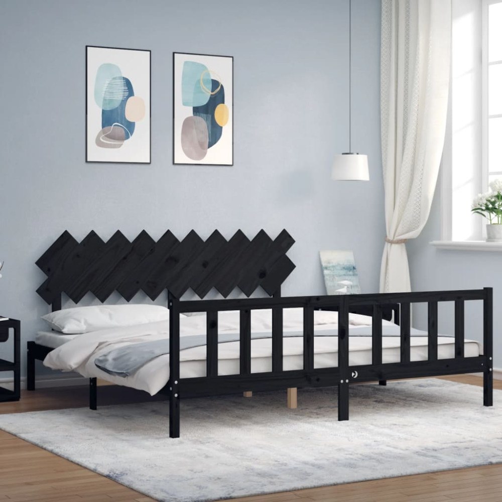 vidaXL Sängram med huvudgavel svart 200x200 cm massivt trä