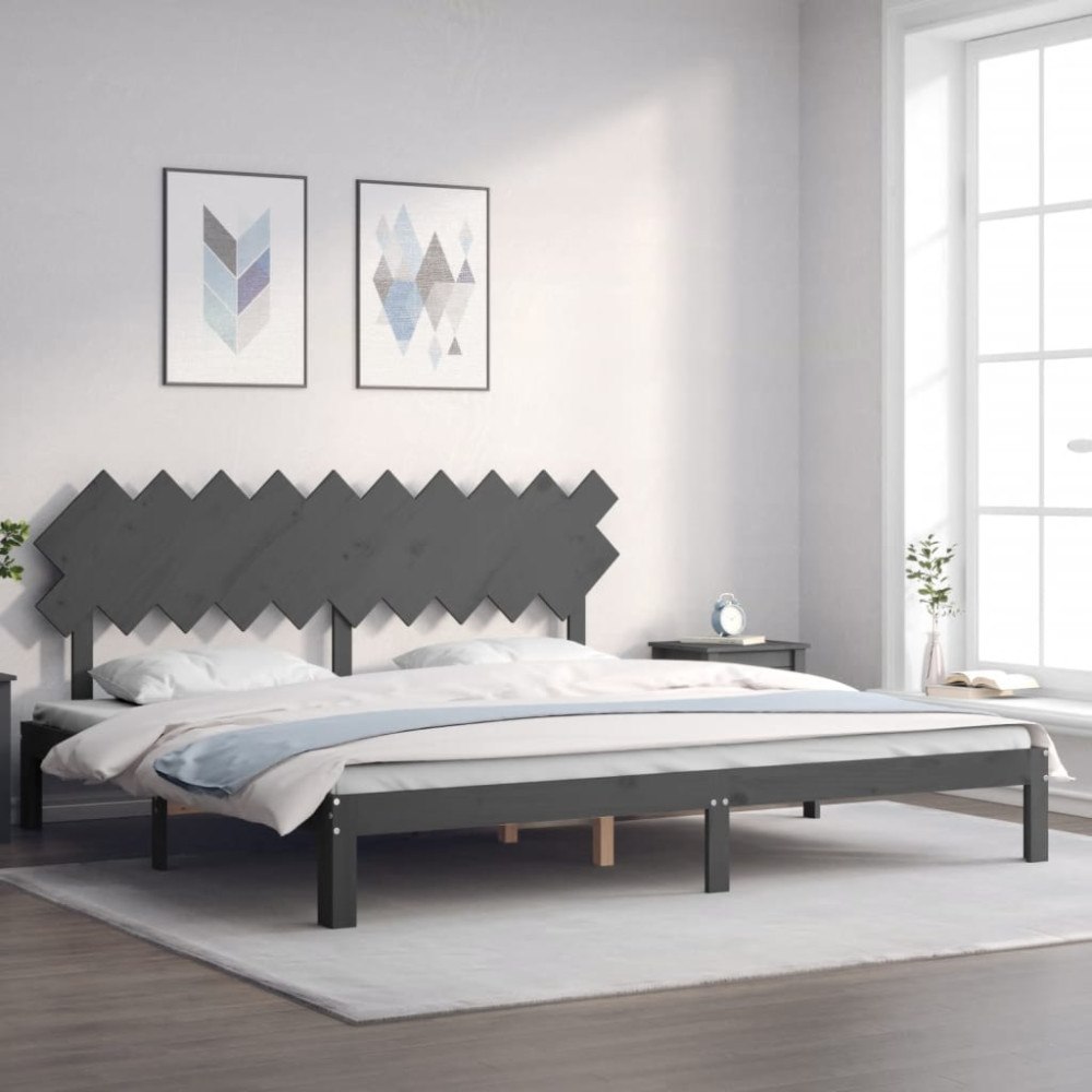 vidaXL Sängram med huvudgavel grå 200x200 cm massivt trä