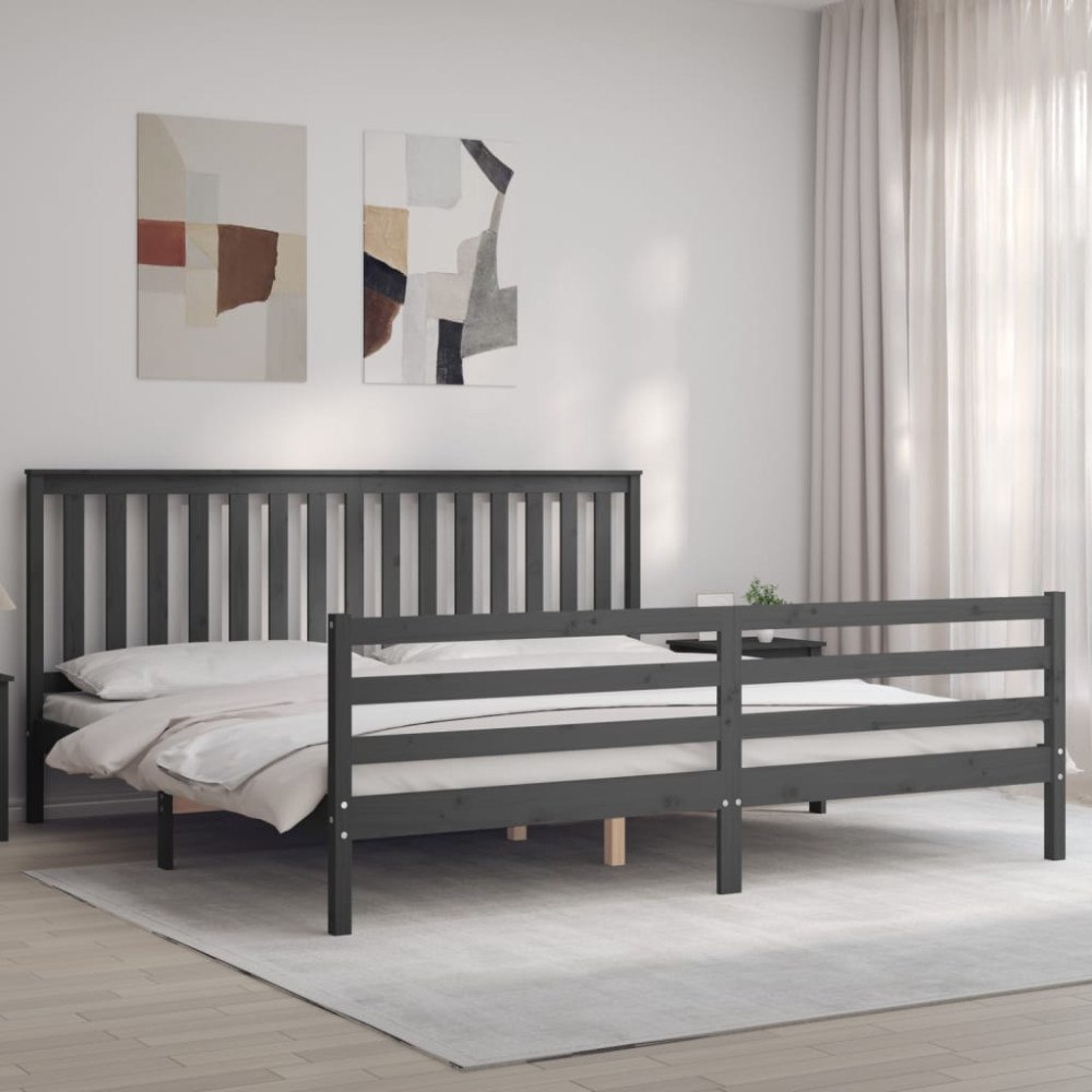 vidaXL Sängram med huvudgavel grå 200x200 cm massivt trä