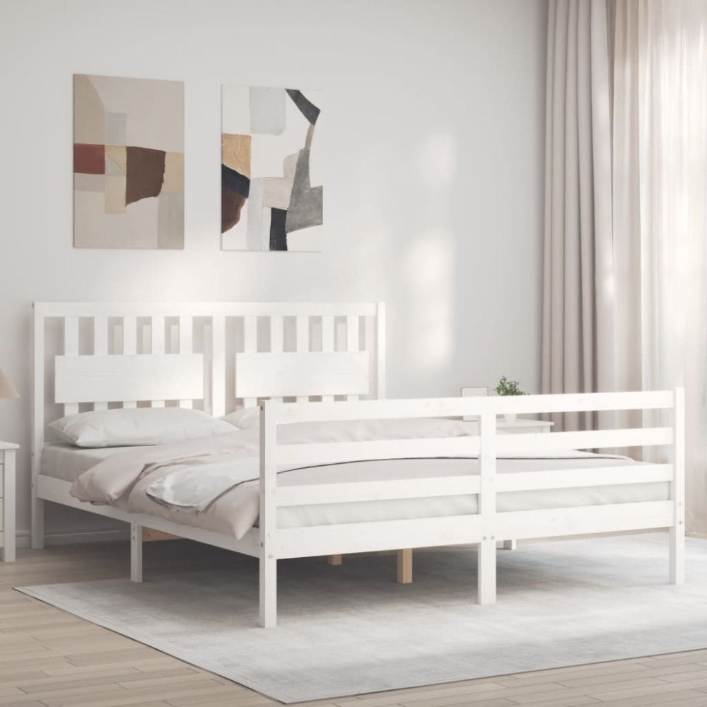 vidaXL Sängram med huvudgavel vit 160x200 cm massivt trä
